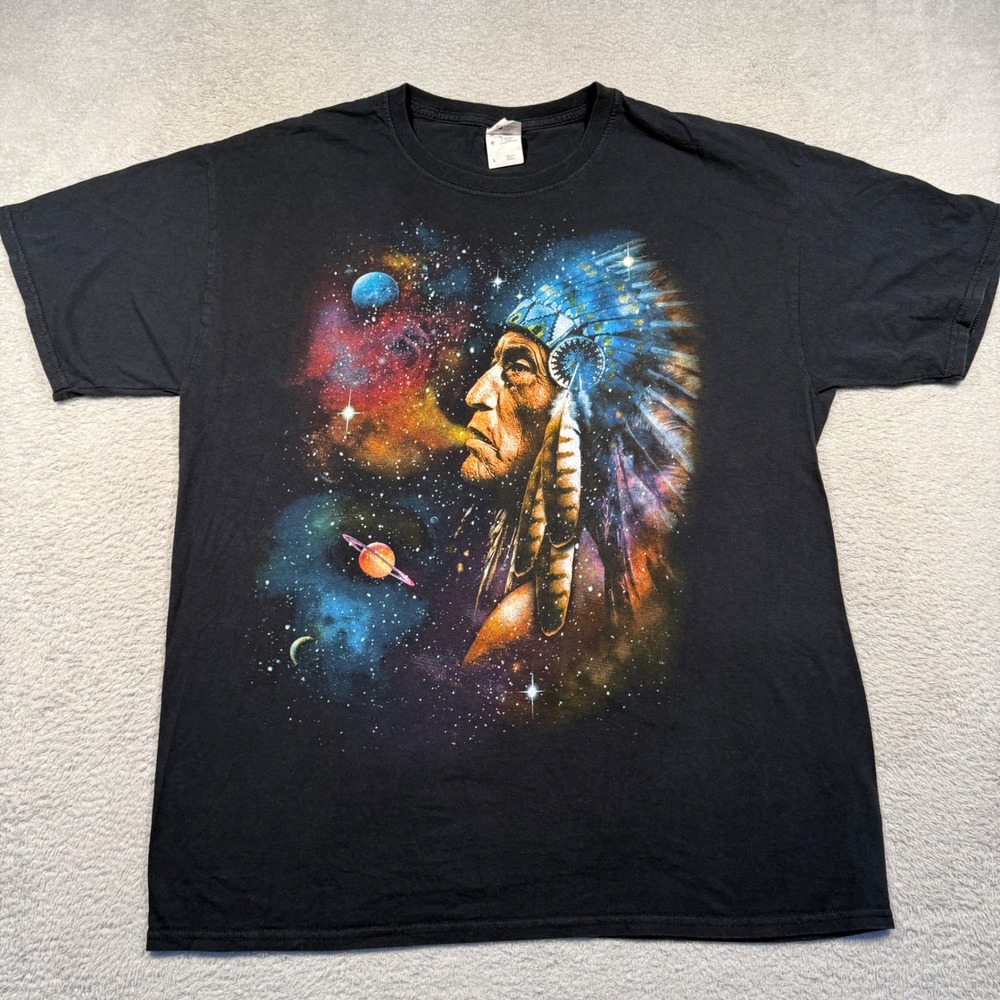 Fruit of‎ the Loom Graphic Tee Mens Large Black Space Native American Chief Y2K